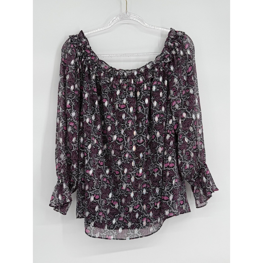 INC International Concepts Womens Sz XL Purple Black Metallic Paisley Blouse Top